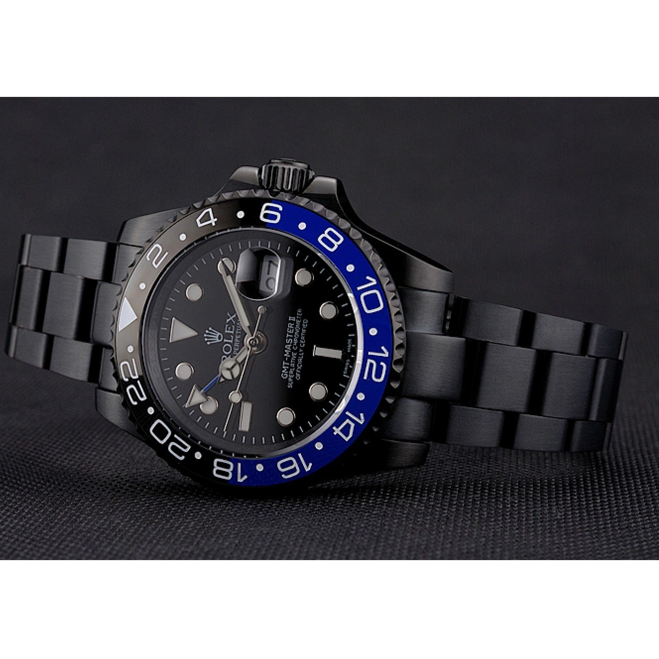 Aaa replica Case Bezel Dial Black And GMT Black Blue Swiss II Master Bracelet Black PVD Rolex And 0822